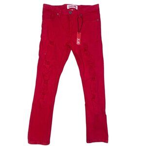 Women’s Size 32 Red Distressed Denim Mid Rise Skinny Stretch Jeans - 28” Inseam
